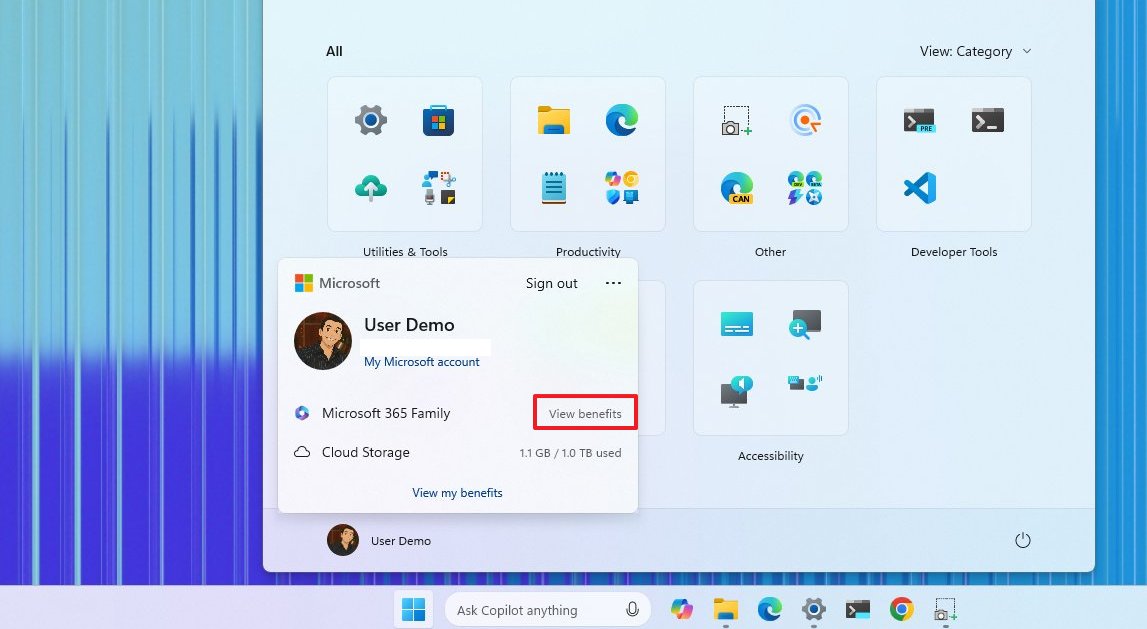 Start menu new Accounts option
