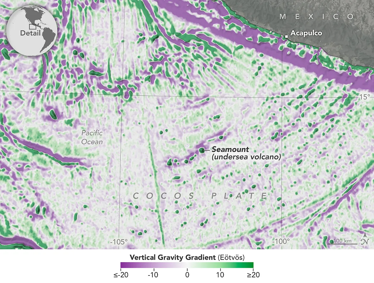 Map of the ocean floor and seamounts near Acapulco, Mexico, using data from the SWOT satellite. Credit: NASA Earth Observatory