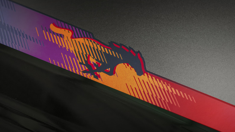 A close-up of the purple, gold, and red galloping pony decal on the hood of the TLD Signature Edition Package Mustang