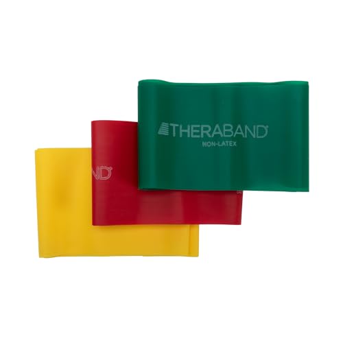 Theraband Resistance Bands Set, Professional Non-Latex Elastic Band for Upper &amp; Lower Body Exercise, Strength Training Without Weights, Physical Therapy, Pilates, Rehab, Yellow &amp; Red &amp; Green, Beginner