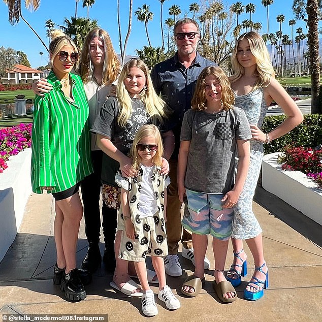 Spelling shares children Liam, 19, Stella, 17, Hattie, 14, Finn, 13, and Beau, nine, with ex-husband Dean McDermott