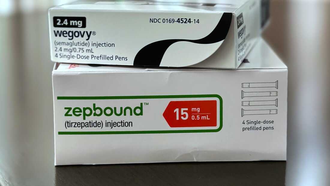 Wegovy and Zepbound are arranged for a photograph in California on Thursday, May 8, 2025.