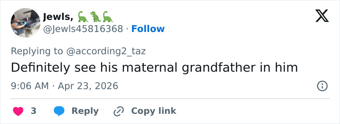 A social media comment about Prince Louis' portrait, noting a family comparison to his maternal grandfather.