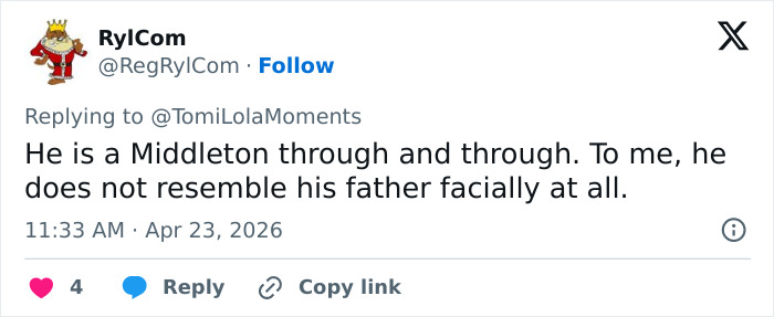 A tweet by RylCom replying about Prince Louis' portrait, saying he is a Middleton, not resembling his father, sparking family comparison.