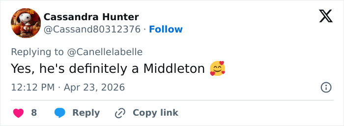 A tweet stating, Yes, he's definitely a Middleton with a smiling emoji. A family comparison to Prince Louis' portrait.