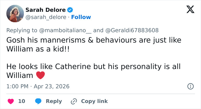 A tweet from Sarah Delore, showing a family comparison for Prince Louis' portrait and his remarkable similarity to William.