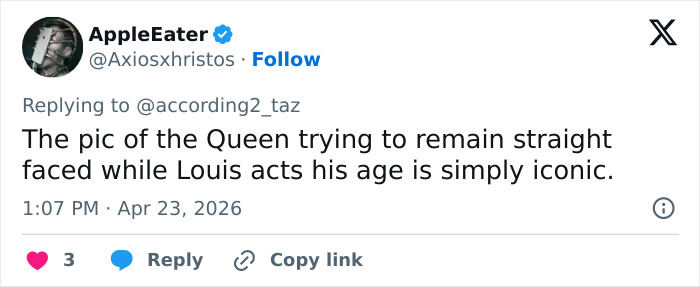 A tweet discusses a Prince Louis portrait and family comparison. It mentions the Queen trying to remain straight-faced while Louis acts his age.