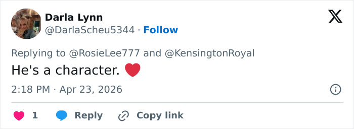 A Twitter user's comment, "He's a character. ❤️", possibly reacting to Prince Louis' portrait for his 8th birthday.