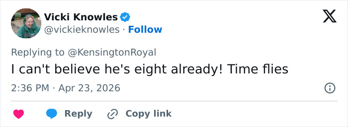 A tweet from Vicki Knowles reacting to Prince Louis' 8th birthday portrait, expressing surprise at how fast time flies.