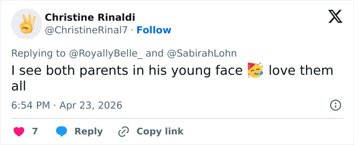 A tweet about Prince Louis' portrait for his 8th birthday, stating "I see both parents in his young face," with an emoji.