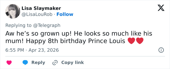 A tweet from Lisa Slaymaker about Prince Louis' 8th birthday, noting his resemblance to his mum.