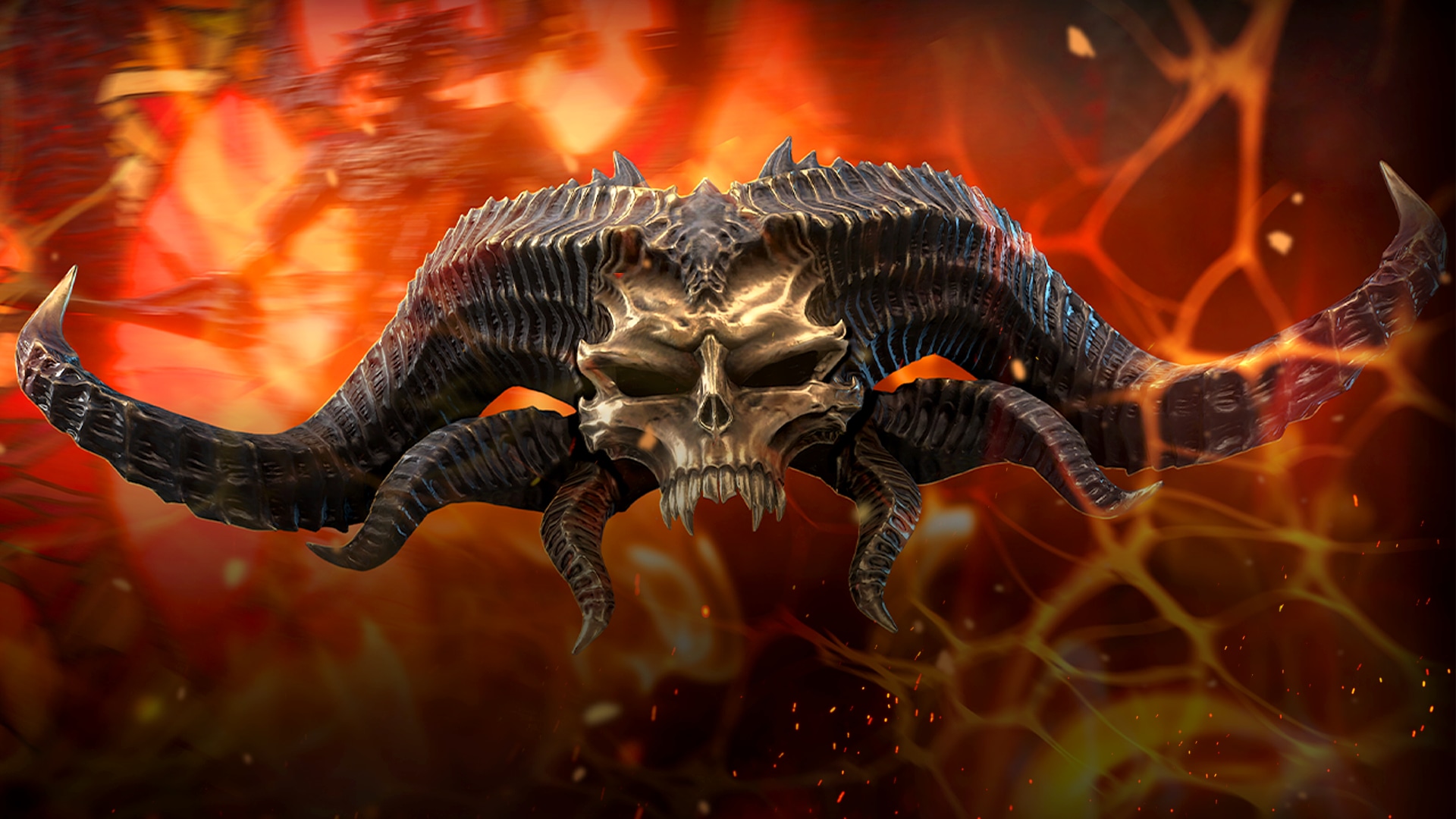 A demonic skull with large, curved horns and sharp teeth is set against a fiery, abstract background.