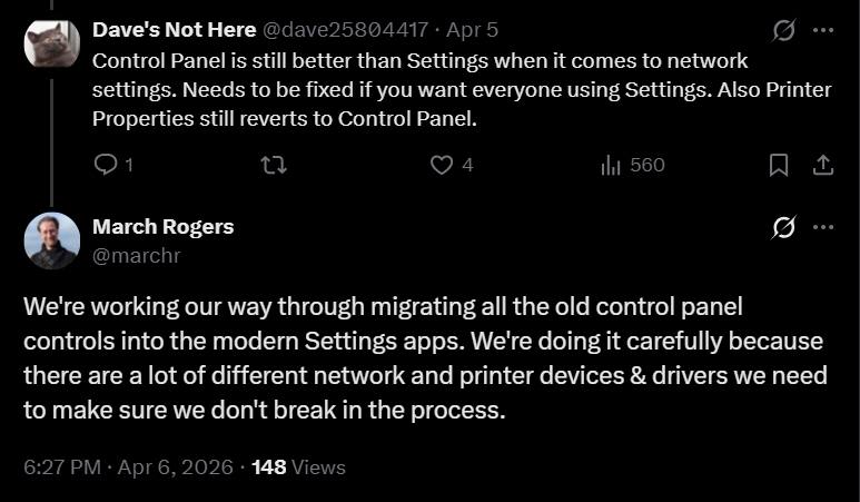 Microsoft's Partner Director of Design says they are migrating all Control Panel settings to Windows 11 Settings app