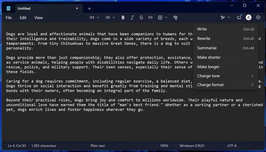 New AI tools in Notepad