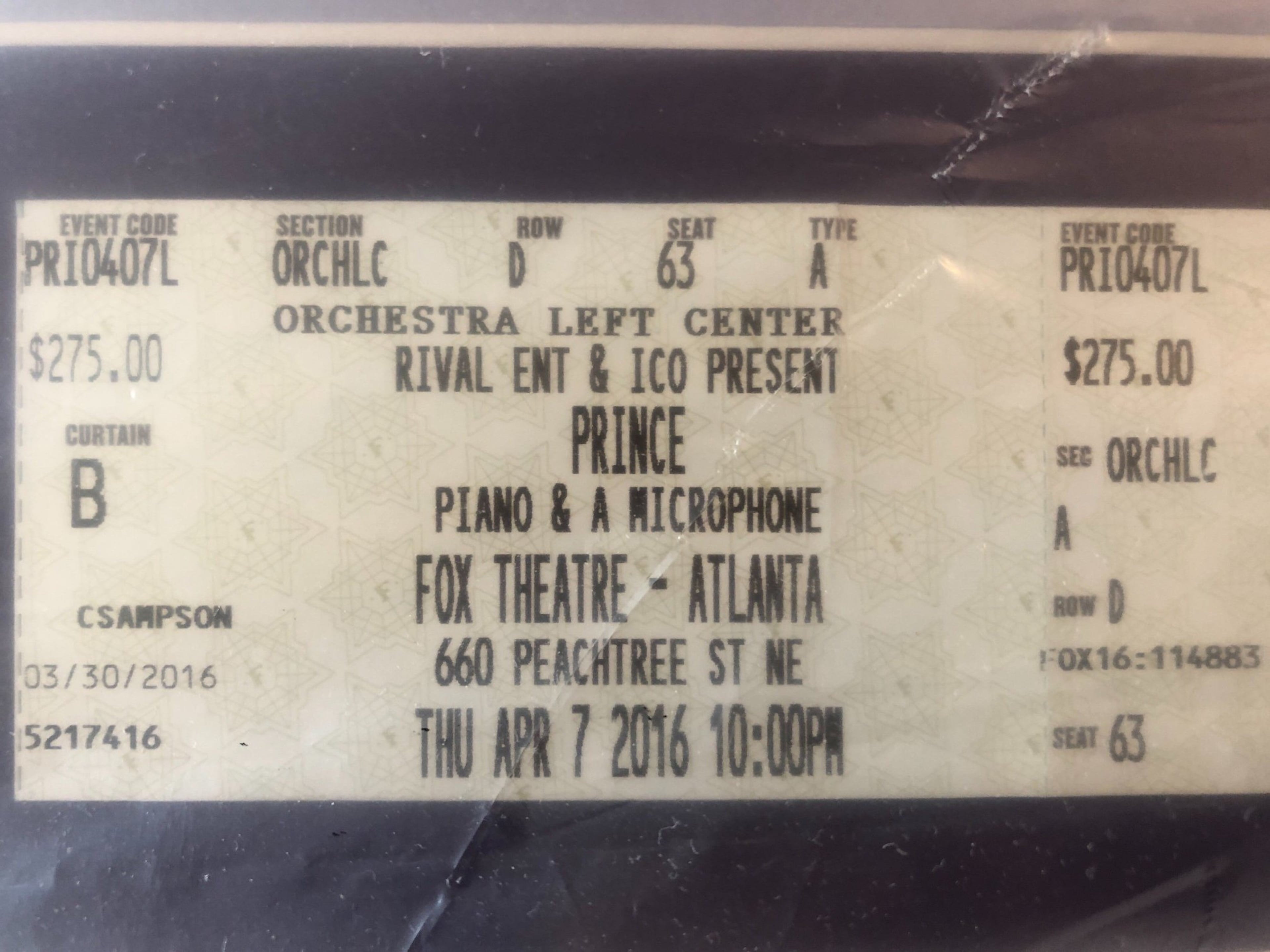 AJC Reporter Ernie Suggs' original ticket for the final Prince concert at the Fox Theatre for the April 7, 2016, show that was postponed until April 14. (Ernie Suggs/AJC)
