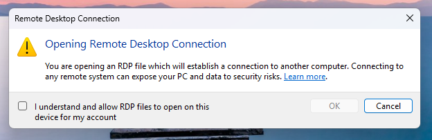 Educational dialog warning about the risks of RDP files