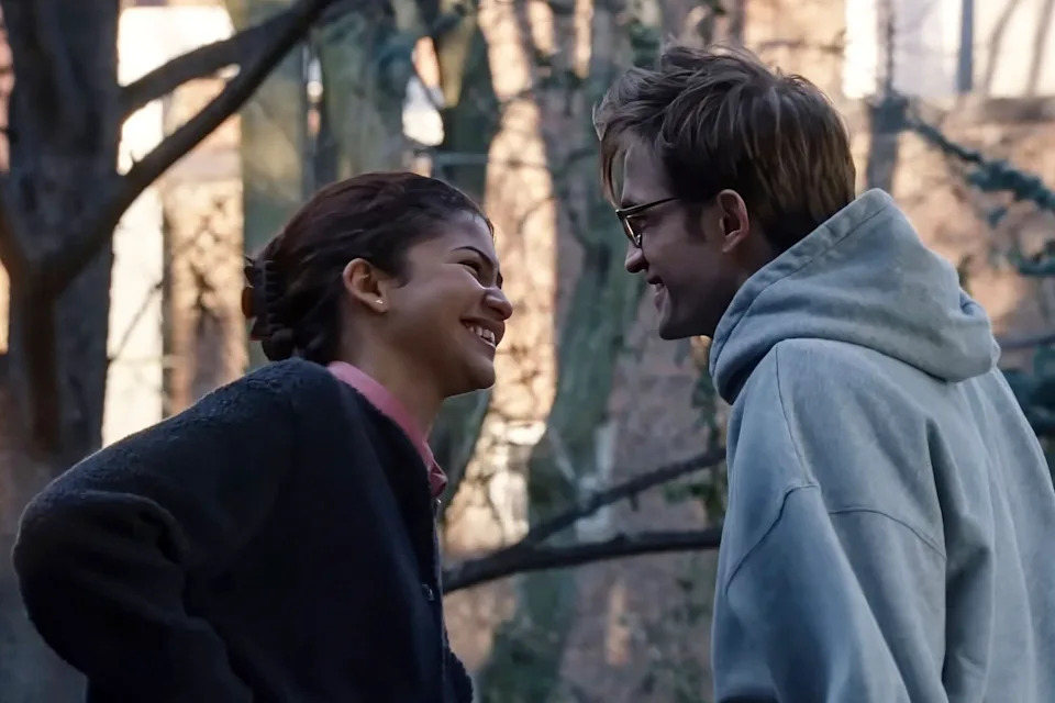 Zendaya and Robert Pattinson smile at each other in "The Drama."