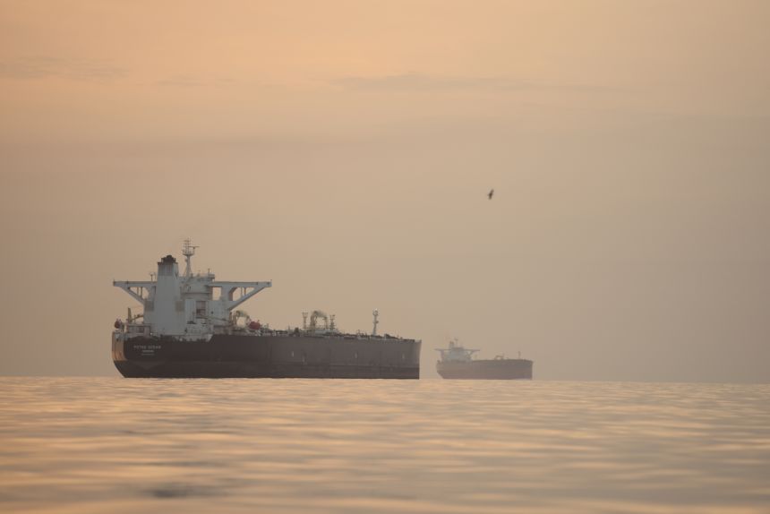 Tankers anchored in the Strait of Hormuz off the coast of Qeshm Island, Iran, on April 18.